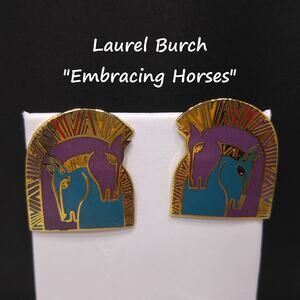 Laurel Burch "Embracing Horses" Post Earrings, Purple & Teal Enamel, Gold Plated